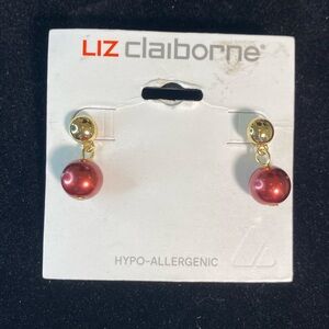 Liz Claiborne Petite Drop Red and Gold-tone Dangle Pierced Earrings. NWT